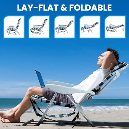 2 Pack Lightweight Portable Camping Beach Chair for Adults, Outdoor Lay Flat Folding Beach Chairs with 5 Positions, Backpack Beach Chair with Towel Bar, Zipper Pouch, Cup Holder, Plaid