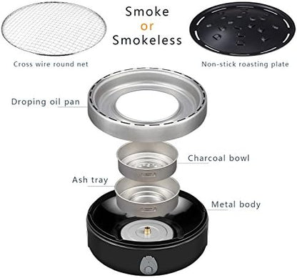 Portable Charcoal Outdoor BBQ Grill For Camping With Travel Bag - Small Tabletop Smoke ＆ Smokeless Pan Optional - Built In Electric Fan Power Supplied By Battery Charger Or Power Bank. (Luxury Black)