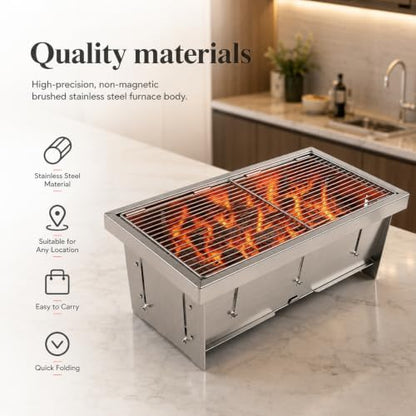 Portable Stainless Steel Charcoal Grill, Foldable Tabletop BBQ Grill for Camping, Backpacking, Hiking, Picnic - Ultra Compact & Lightweight