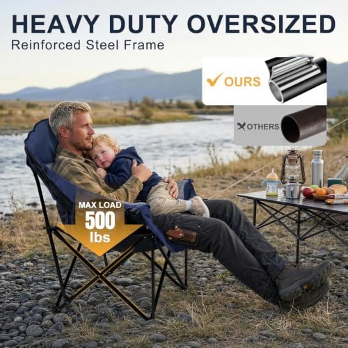 Oversized Camping Chairs for Adult - Heavy Duty Padded Portable Folding Chair XL Collapsible Camp Chair with Cup Holder Cooler Pockets for Outdoor Lawn Beach Sport Fishing Support 500LBS, Blue Grey