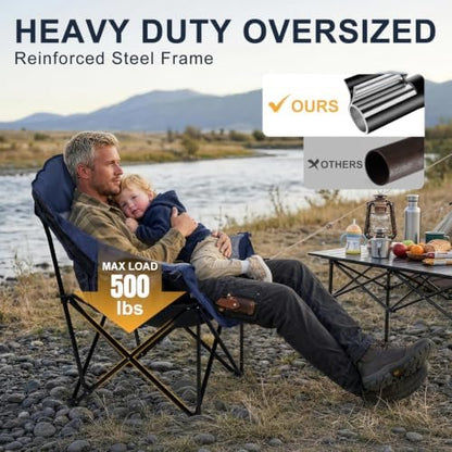 Oversized Camping Chairs for Adult - Heavy Duty Padded Portable Folding Chair XL Collapsible Camp Chair with Cup Holder Cooler Pockets for Outdoor Lawn Beach Sport Fishing Support 500LBS, Blue Grey