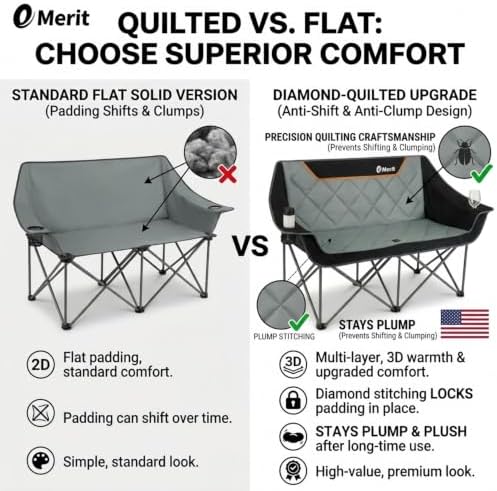 EMERIT Oversized Fully Padded Camping Chair, Heavy Duty 650LB Folding Camping Loveseat, Quad Fold Double Camping Couch with Cup Holders & Carry Bag for Outdoor, Lawn, Sports Events Black