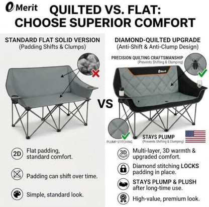 EMERIT Oversized Fully Padded Camping Chair, Heavy Duty 650LB Folding Camping Loveseat, Quad Fold Double Camping Couch with Cup Holders & Carry Bag for Outdoor, Lawn, Sports Events Black