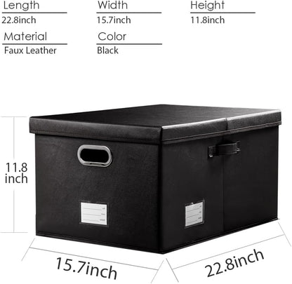PRANDOM Collapsible Storage Box with Lid [1-Pack] Leather Fabric Foldable Storage Bin Organizer Container Basket Cube with Cover for Home Bedroom Closet Office Nursery Black (22.8X15.7X11.8)