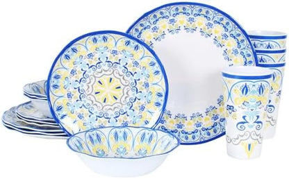 Melamine Dinnerware Set for 4-16 Pcs:Camping Dishes Set with Dinner Plates,Salad Plates, Bowls and Cups.Lightweight and Unbreakable.Indoor and Outdoor Use.