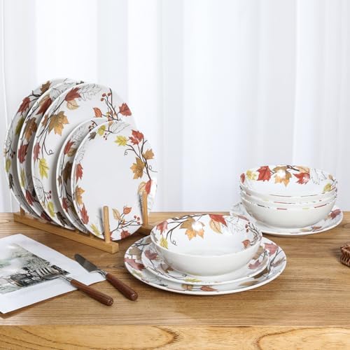 Melamine Dinnerware Set for 4, 12-Piece Fall Dishes, Yellow Maple Leaves