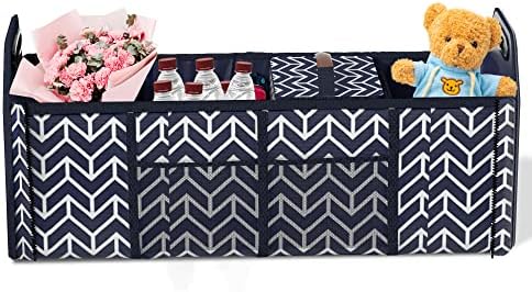 Trunk Organizer for car, Foldable Car Storage Bag Portable Insulation Cooler Bag Collapsible Vehicle Organizer Divider Storage Totes with 4 Compartment Cargo Tote for Groceries Caddy SUV, Navy Blue