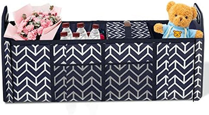 Trunk Organizer for car, Foldable Car Storage Bag Portable Insulation Cooler Bag Collapsible Vehicle Organizer Divider Storage Totes with 4 Compartment Cargo Tote for Groceries Caddy SUV, Navy Blue