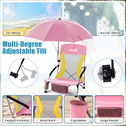 Folding Beach Chair with Umbrella for Adults, 2 Pack Portable Low Beach Chairs with 300lbs Capacity, Lightweight Fodable Camping Chair for Travel, Picnic, Concert & Outdoor Activities,Pink-Yellow
