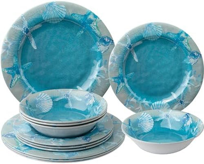 12 PCS Melamine Dishes Dinnerware set, Coastal Plate and Bowls Set