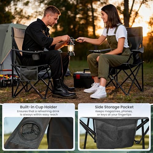 Portable Camping Chair 2 Pack, Folding Outdoor Chair with Cup Holder & Side Pocket for Camping, Hiking, Picnic, Beach (Black, 2 Pack)