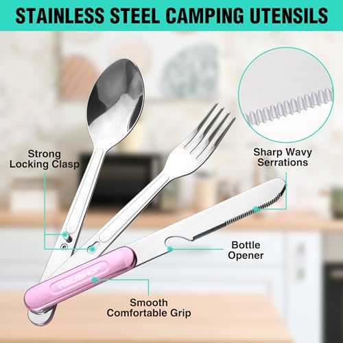 HAUSHOF 4-in-1 Camping Utensil, Stainless Steel Travel Utensil Set with Bag