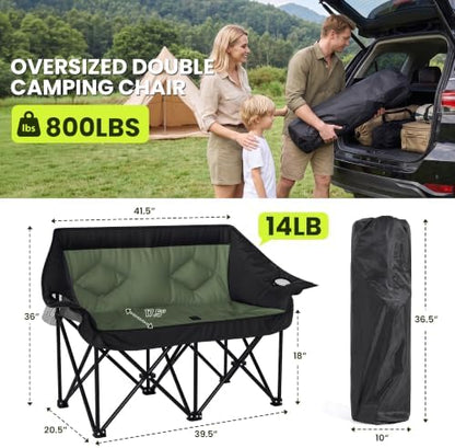 Oversized Double Camping Chairs 2 Person Folding Loveseat(Green)