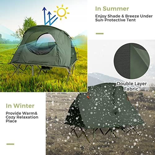 Tangkula 2-Person Tent Cot, 4-in-1 Folding Tent with Waterproof Rainfly, Self-Inflating Mattress & Roller Carrying Bag, Portable Off Ground Elevated Tent with Shoe Storage Pocket & Lamp Hook