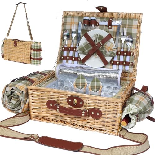 Picnic Basket for 2 with Blanket and Wine Pouch for Couples