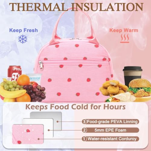FlowFly Insulated Lunch Bag for Women – Corduroy Lunch Tote Box, Cute Cooler Bag for Work, Travel, Picnic,Corduroy Strawberries RoseRed
