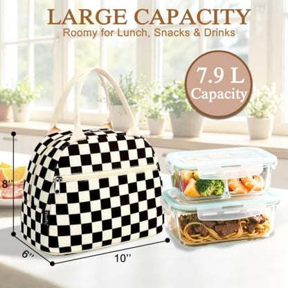 FlowFly Lunch Bag for Women Insulated Lunch Box Corduroy Lunch Tote Cooler for Travel Work Picnic,Corduroy Plaid Black