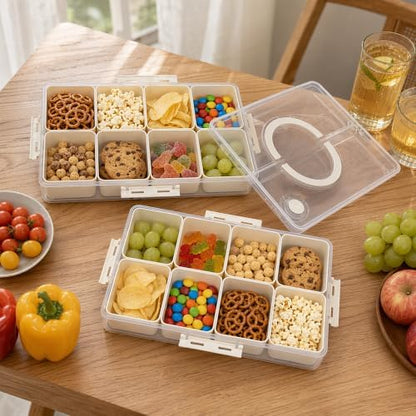 2 Pack Snack Box Container with 16 PP Compartments, Food Storage Tray with Lid & Handle, Dishwasher Safe, Organizer for Picnic, Travel, Party