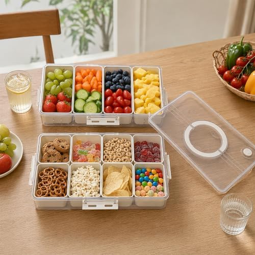 2 Pack Snack Box Container with 8 PP Compartments & 4 Draining Grids, Food Storage Tray with Lid & Handle, Dishwasher Safe, Portable Organizer for Picnic, Travel, Party