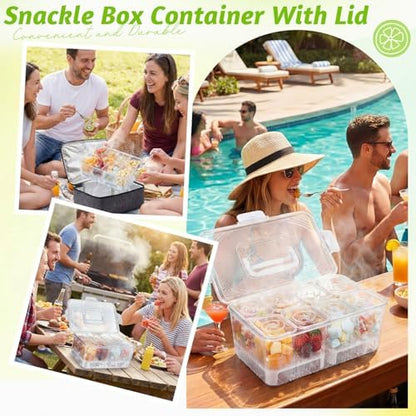 Snackle Box Container Food Grade Clear Plastic, Insulated Cooler Bag, 8 Removable Cups, Divided Serving Tray with Lid Handle Forks Spoons for Picnic Beach Road Trip Party, Ice Pack Not Included