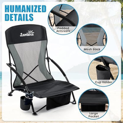 Lamberia Folding Beach Chair for Adults 2 Pack, Portable Low Beach Chairs with 300lbs Capacity, Lightweight Fodable Camping Chair for Travel, Picnic, Concert & Outdoor Activities,Black-Grey