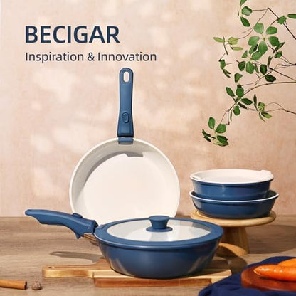 BECIGAR 23pcs Ceramic Pots and Pans Set, Nonstick Detachable Handle Cookware, Induction Kitchen Cooking Set with Removable Handle,include Frying Pans & Saucepans Oven Safe(Blue)