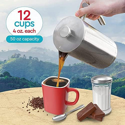 Belwares French Press Coffee Maker - Large 50oz 6-Cup, 304 Stainless Steel Coffee Press, Double Wall Insulated Heat Retention, 4-Level Filtration for Smooth Ground-Free Coffee, 2 Extra Filters, Silver