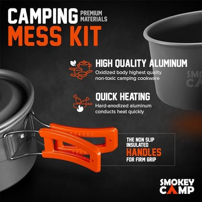 Smokey Camp Camping Cookware Mess Kit Set with Stove - Backpacking Camping Pots and Pans Set, All in One Non-Stick Camping Cooking Set, Portable Stove, Hiking, Picnic, Outdoor & Camping Cookware Set