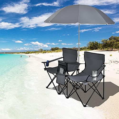 Goplus Double Camping Chairs with Umbrella, Cooler for Beach Patio