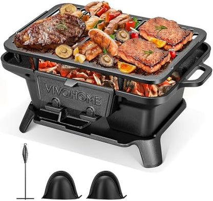 VIVOHOME Rectangle Cast Iron Charcoal Grill with Double-Sided Grate