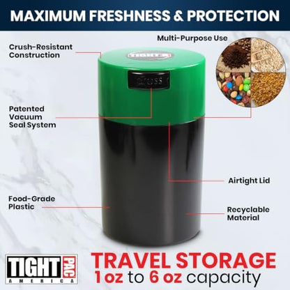Tightvac - 1 oz to 6 ounce Airtight Multi-Use Vacuum Seal Portable Storage Container for Dry Goods, Food, and Herbs - Dark Green Cap & Black Body