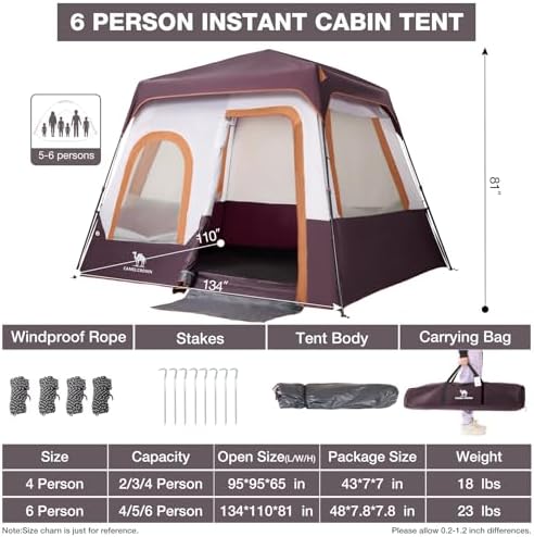 CAMEL CROWN 4/6 Person Instant Cabin Tent, Pop Up Windproof Tents for Camping, 60-Second Setup Family Tent with Carry Bag for Outdoor Hiking
