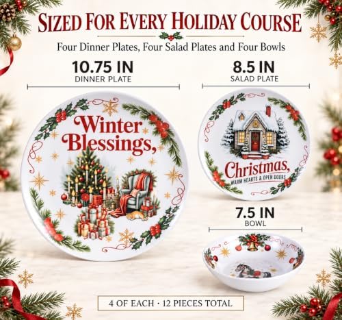 Vintage Christmas Dinnerware Set for 4, 12-Piece Melamine Dish Set