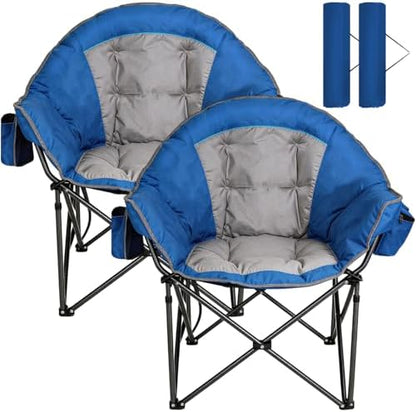 Romswi 2-Pack Oversized XXL Padded Camping Chairs for Adults, 500lbs Heavy Duty Support, 500G Ultra-Thick Cushion Sofa-Like Comfort, Folding Lawn Chair with Cooler Bag & Side Pockets, Blue/Gray