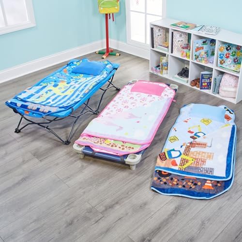 EVERYDAY KIDS Cute Preschooler and Toddler Cot Nap Mat for Home, Daycare, Preschool and Kindergarten; Easy to Roll Sleeping Mat with Elastic Straps, Pillow and Blanket