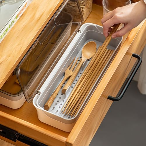 Plastic Kitchen Drawer Organizer with Lid and Drainer Stackable Utensil Holder for Countertop Silverware Tray Flatware Organizers - 13x4.7x2.4 Inch Spatula Cutlery Storage Box