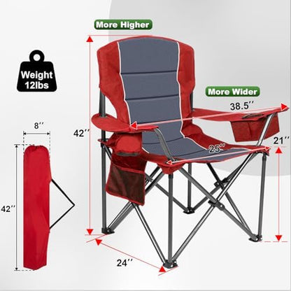 Oversized Padded High Back Camping Chairs,2 Pcs Heavy Duty Folding Chairs Support 500LBS with Cooler Bag,Cup Holder Cooler Bag, Collapsible Chairs for Outdoor, Tailgate, Fishing, Red