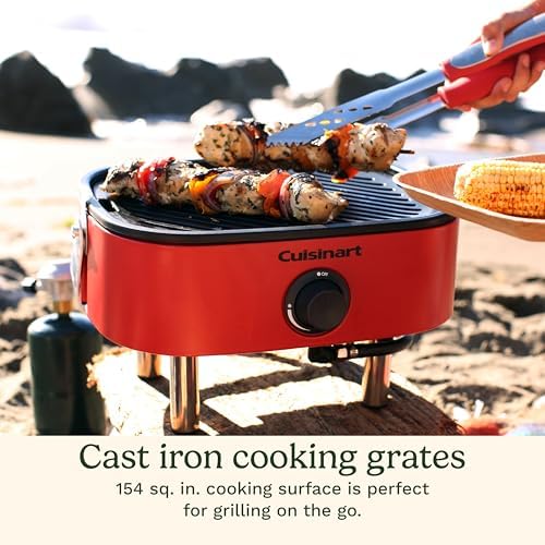 Cuisinart Venture™ Portable Gas Grill, Small Camping Grill with Cutting Board and Handle, Non Stick Porcelain Enameled Cast Iron Grate, 9,000 BTU Stainless Steel Burner for Camping, Tailgates, Beaches