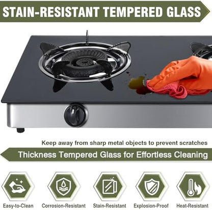 BESTFIRE 2-Burner Propane Gas Cooktop, 30,000 BTU Portable Tempered Glass Stove with Auto-Ignition, CSA Certified Regulator & Hose, Double Burner Stove for Camping, RV & Patio