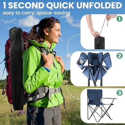 2 Pack Folding Camping Chairs for Adults, Foldable Portable Beach Chairs with Carry Bag & Cup Holder, Compact Design for Camping, Beach, Picnics, and Fishing Supports 300LBS（Dark Navy）