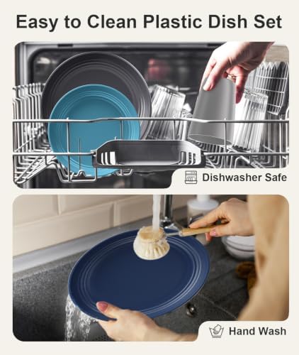 Quatish 24 Pcs Plates and Bowls Sets, Plastic Dinnerware Sets for 6, Blue
