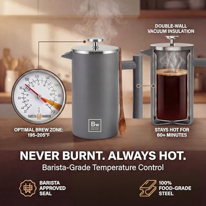 Barista Warrior French Press Coffee Maker - Double-Wall Stainless Steel Insulated French Press with Built-In Thermometer, Dual Filters Coffee Maker with Wooden Spoon - Grey
