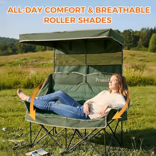 Double Camping Chair with Canopy Heavy Duty 2 Person Folding Loveseat Beach Chair with Shade High Back Oversized Outdoor Camping Couch with Cup Holders & Wine Racks for Lawn, Sports, Green