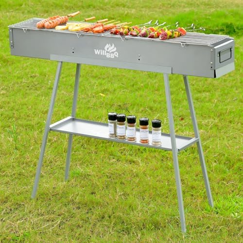 WILLBBQ Charcoal Grill, Portable BBQ Grill with Removable Stand & Shelf