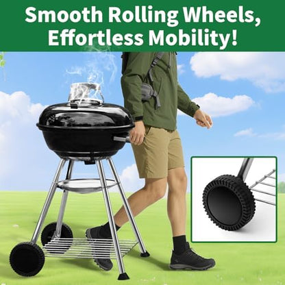 BEAU JARDIN Premium 18 Inch Charcoal Grill for Outdoor Cooking Barbecue Camping BBQ Coal Kettle Grill Tailgating Portable Heavy Duty Round with Thickened Grilling Bowl with Wheels