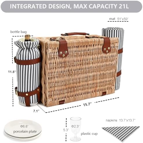 Picnic Basket with Blanket and Wine Pouch for 4, Wicker Picnic Set with Insulated Liner Cooler Bag Hamper for Camping,Wedding - Stripes