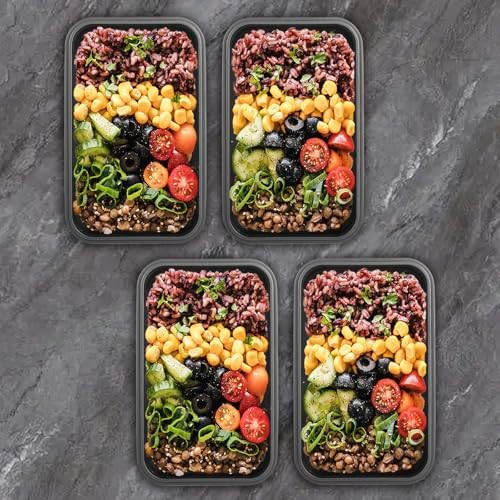 Collapsible Food Storage Containers with Lids, 4 Pack, 40 oz Silicone 1-Compartment Meal Prep Containers Reusable, Lunch Bento Boxes for Adults, Microwave Freezer Dishwasher Safe, BPA-Free, Black