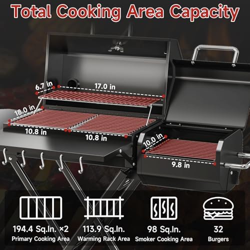 Portable Charcoal Grill with Smoking Function, Foldable Suitcase Design with Wheels, Multi-Tier Storage Rack & Waterproof Cover for Outdoor BBQ Parties (Black)