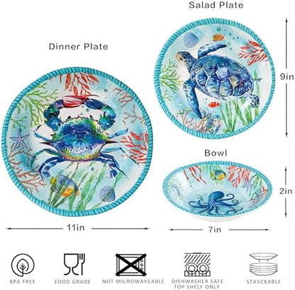 Coastal Dinnerware Sets, Ocean Theme Unbreakable Kitchen Plates and Bowls Set, Coastal Dishes Lightweight Dinnerware Set, RV and Camping dishes set for 4, Dishwasher Safe