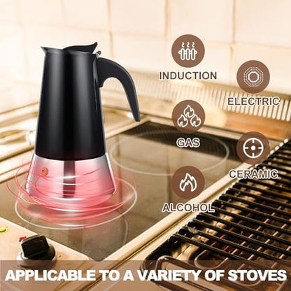 6 Cup Stovetop Espresso Maker Stainless Steel Moka Pot Stove Top Percolator Italian Coffee Makers Capable Mocha Greca Machine Cafe Classic Induction Cookers for Home and Camping 300ml 10oz
